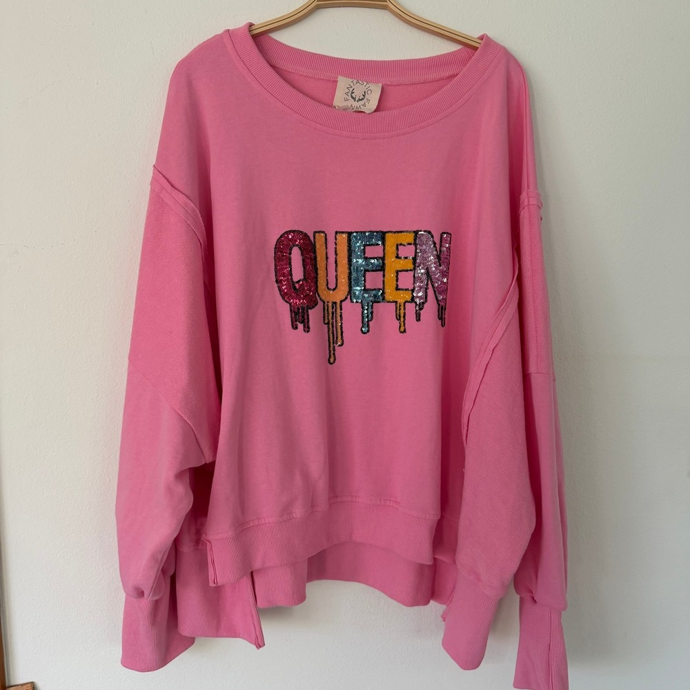 Fantastic Fawn Pink Queen Sequin Drip Oversized Sweatshirt Womens Large L